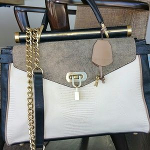 BCBG 3-Tone Faux Lizard Lock & Key Satch + Strap